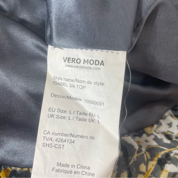 Vero Moda Dress Top Large Blouse Ruched Sleeves Black Gray Yellow Bubble Hem - Picture 10 of 10